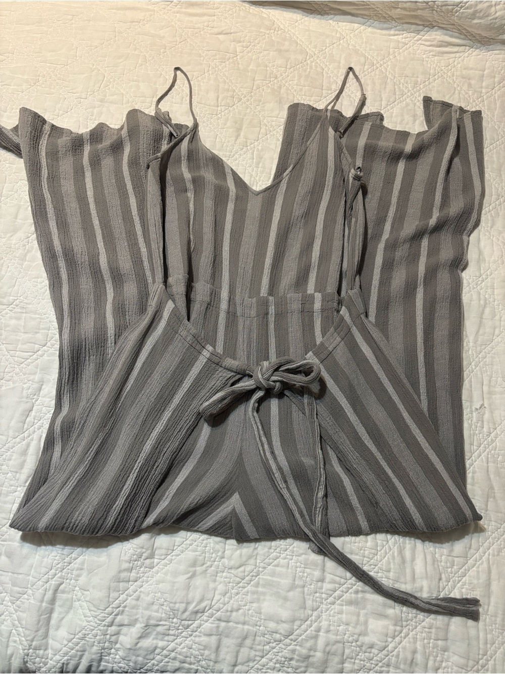 Lovestitch Gray Striped Tie-Waist Wide Leg Jumpsuit Size L Boho Beach